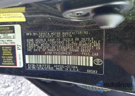2014 Toyota Camry Se z USA, uszkodzony, nr VIN 4T1BF1FK2EU846387